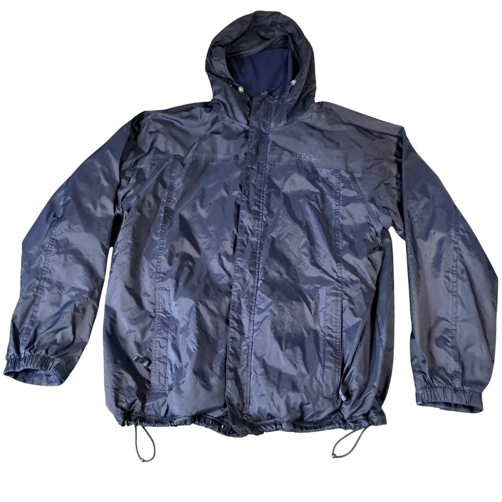 LL Bean Mens‎ Navy Blue Fleece Lined Hooded Windbreaker Jacket Large 0FDJ7